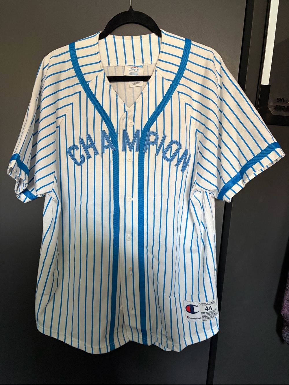 Champion White Baseball Jersey with Blue Pinstripes